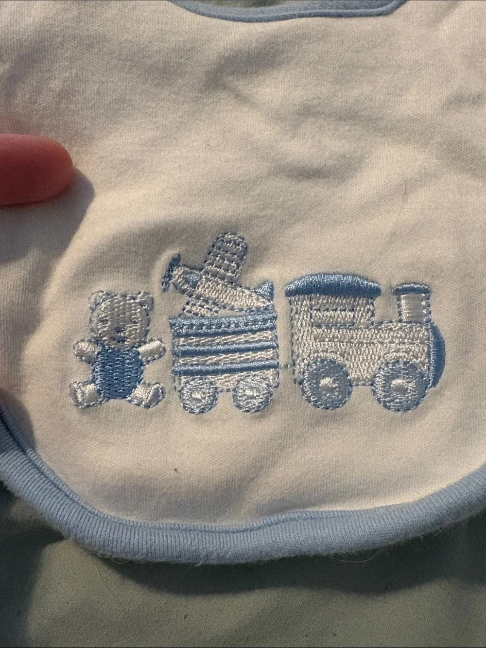 Blue & White Baby Bib with Train Embroidery